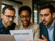 Do White Papers Still Work in Pharma Marketing? Pharma marketers discussing white paper content on laptop during strategy meeting