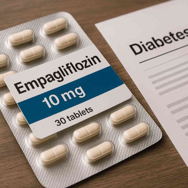Pharmacist explaining Empagliflozin use for diabetes to patient at the counter