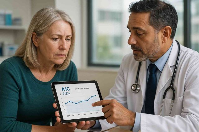 Patient and doctor reviewing A1C chart to discuss diabetes treatment in 2025