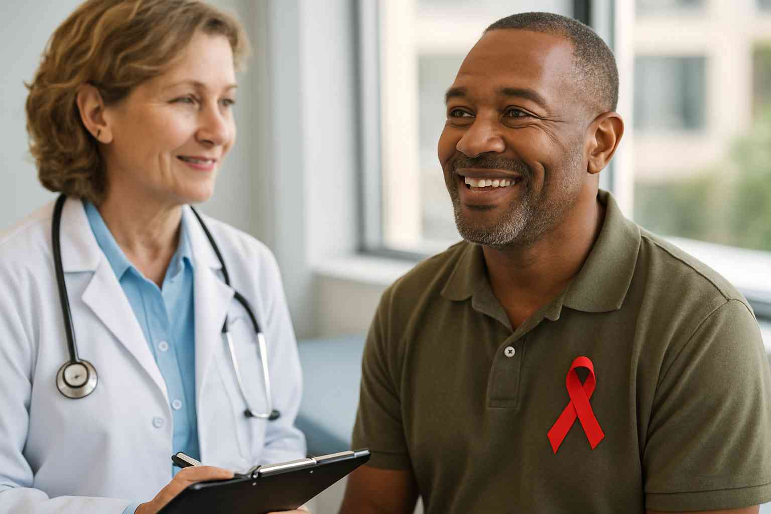 HIV-positive individual talking to doctor about living well in 2025