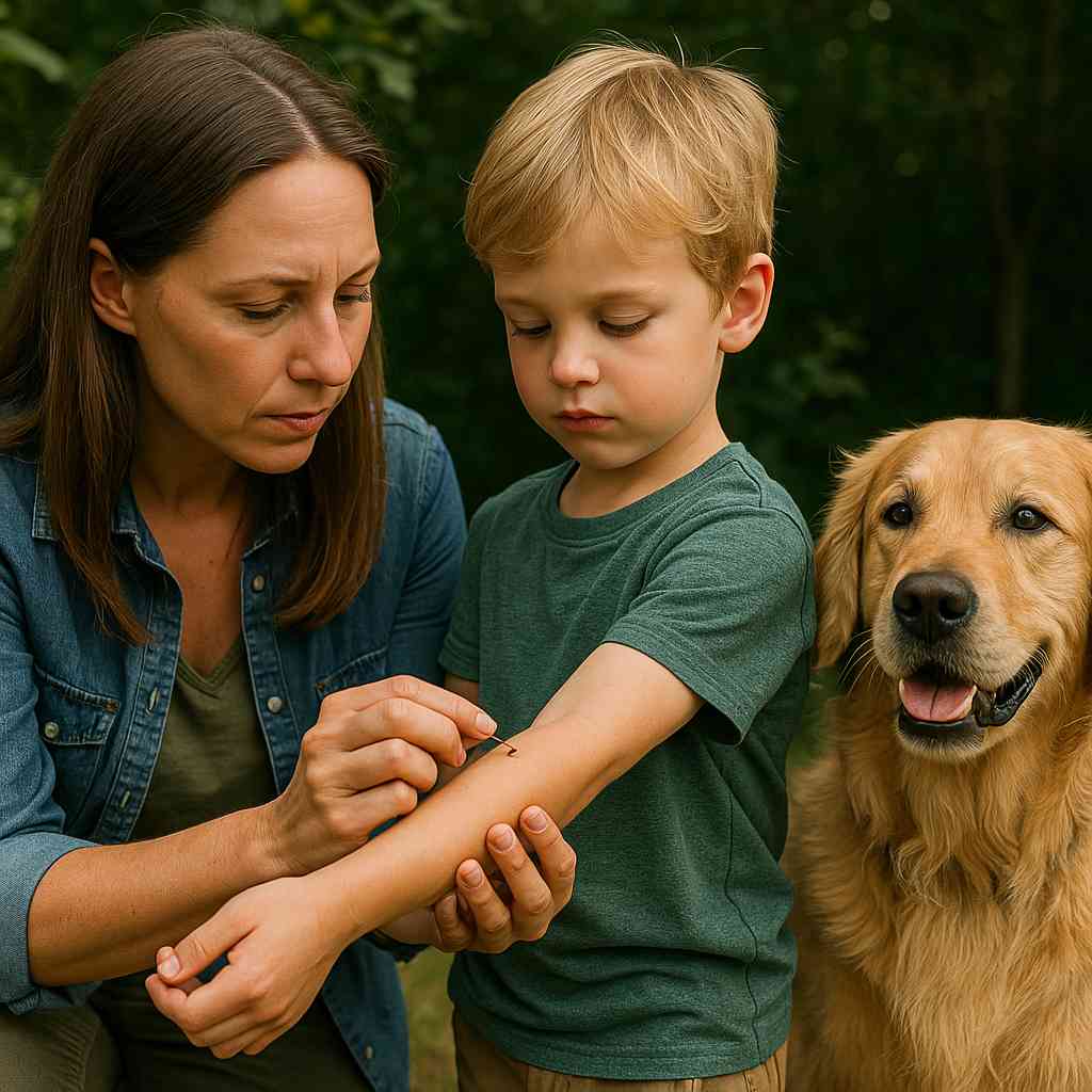 lyme-disease-tick-check-family-pets.jpg Family checking child and pet for ticks to prevent Lyme Disease