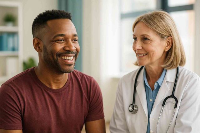 Confident patient with HIV meeting doctor in 2025 to discuss health goals