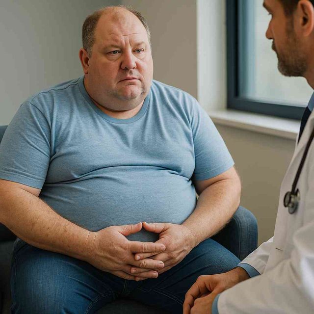 Doctors analyzing obesity trends and diabetes risk on a medical data screen