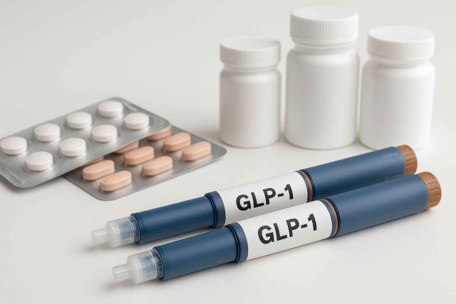 GLP-1 Diabetes Medications – Injectable and Oral Forms GLP-1 receptor agonist pens, pill packs, and prescription bottles arranged on a white background.