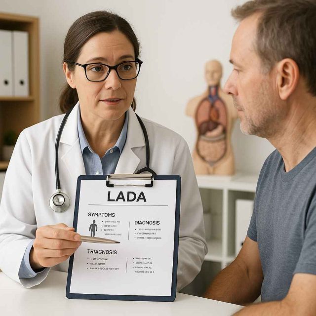 Diabetes educator discussing LADA diagnosis and management with patient.