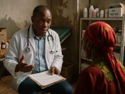 Aids Funding Cuts Already Impacting Africa Doctor consulting a patient in an HIV clinic affected by AIDS funding cuts