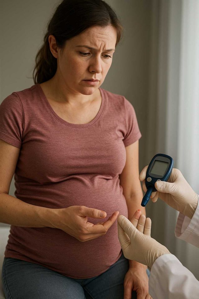 Pregnant woman checking blood glucose levels with a monitor.