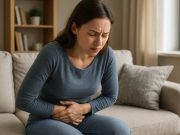 Do I have Irritable Bowel Syndrome? Young woman on bed looking worried about possible IBS symptoms