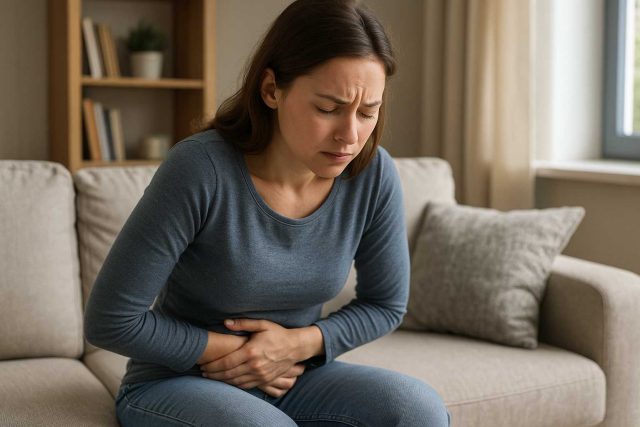 Young woman on bed looking worried about possible IBS symptoms