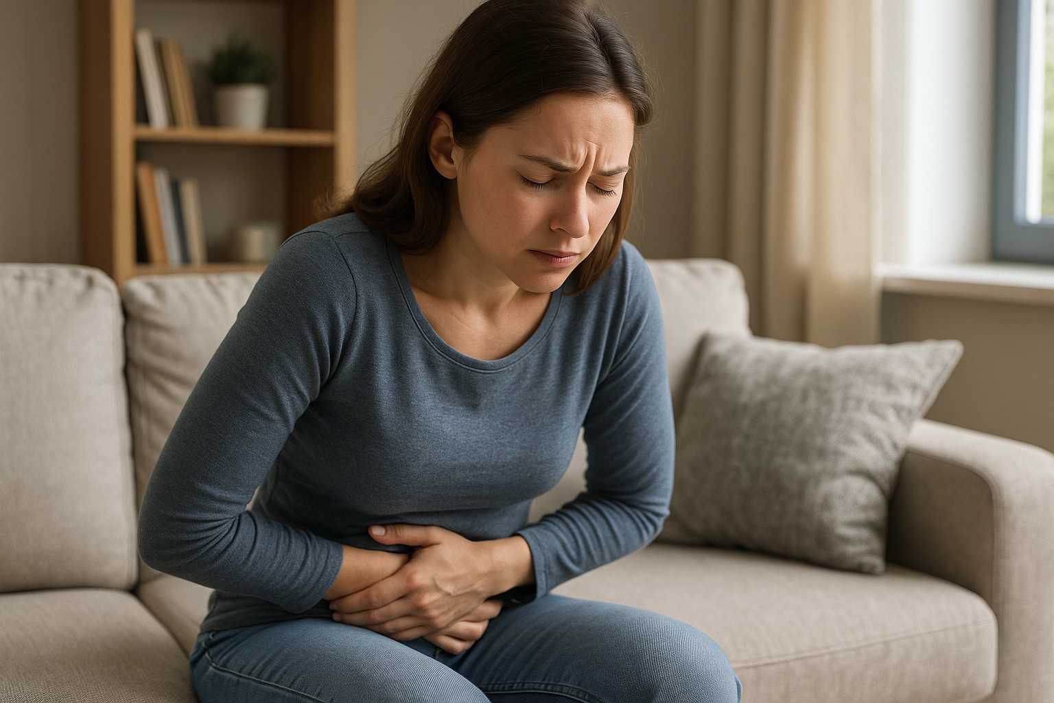 Young-Woman-Thinking-IBS Young woman on bed looking worried about possible IBS symptoms