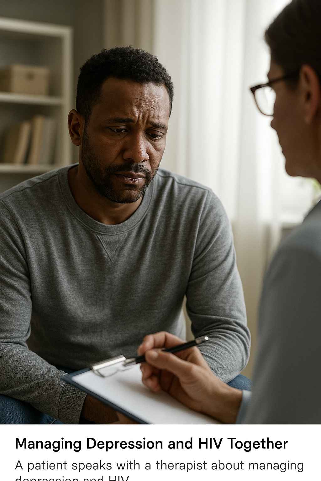 Managing Depression and HIV Together HIV-positive person receiving counseling for depression.