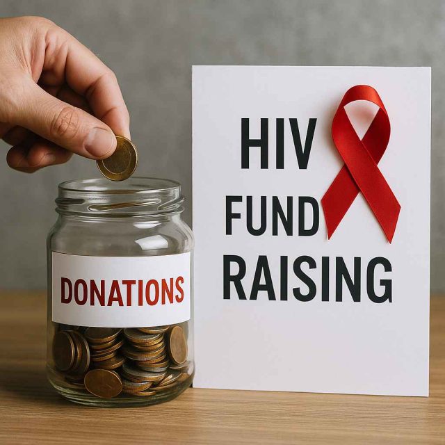 Group of supporters at an HIV fundraising event with banners and red ribbons
