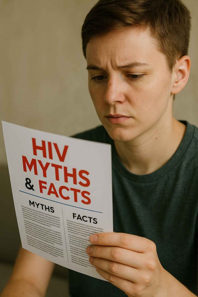 Person reading a pamphlet about HIV myths and facts.