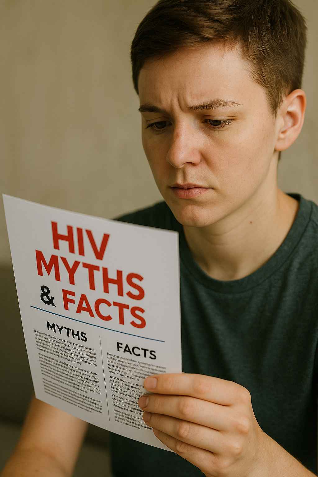 Dispelling Common HIV Myths Person reading a pamphlet about HIV myths and facts.