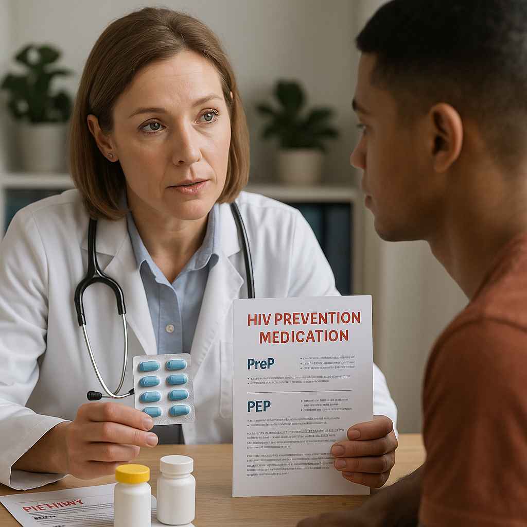HIV Prevention Medication Awareness Doctor discussing HIV prevention medication options with patient.