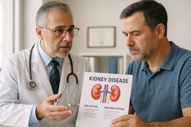 Doctor and diabetic patient reviewing kidney disease risks and treatments.