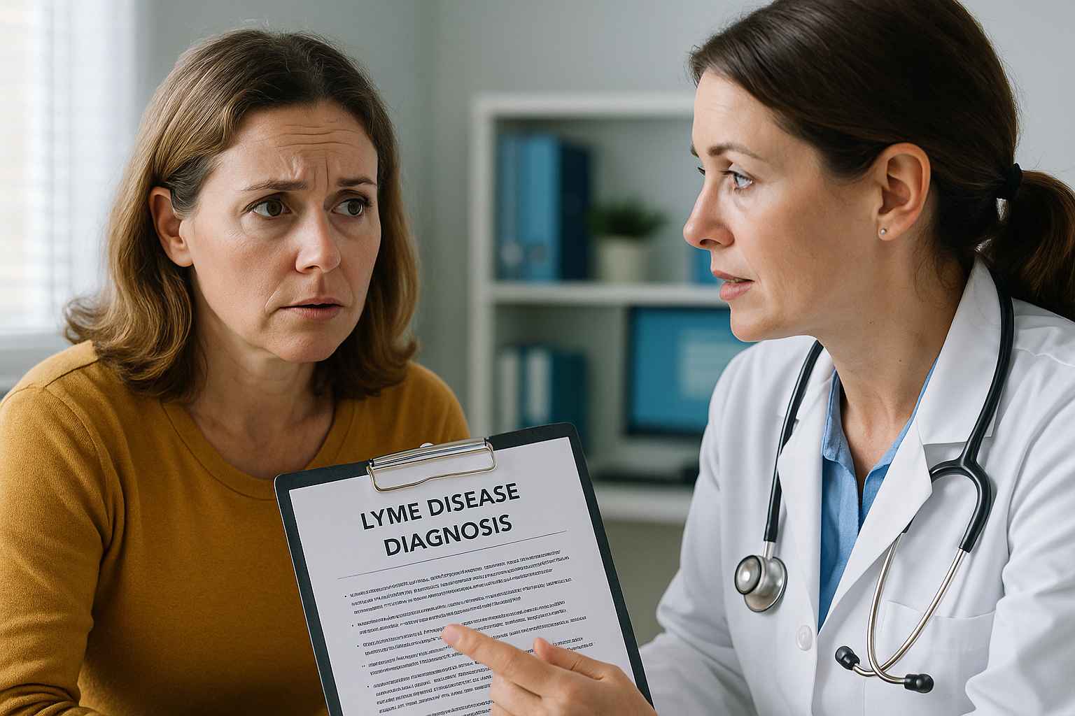 Doctor Consultation After Lyme Disease Diagnosis Physician talking to a patient about Lyme disease diagnosis and next steps