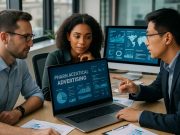 Pharmaceutical Advertising Trends To Watch Team discussing digital pharmaceutical advertising trends using data tools