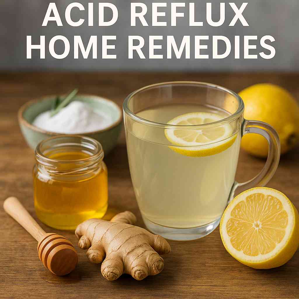 Acid Reflux Home Remedies Herbal tea, ginger, and bananas used as acid reflux home remedies on kitchen counter