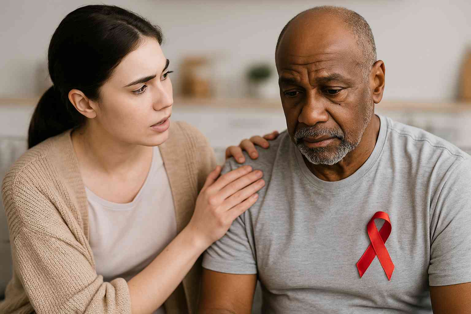 aids-caregiver-support-struggles AIDS caregiver supporting HIV patient with medication and care