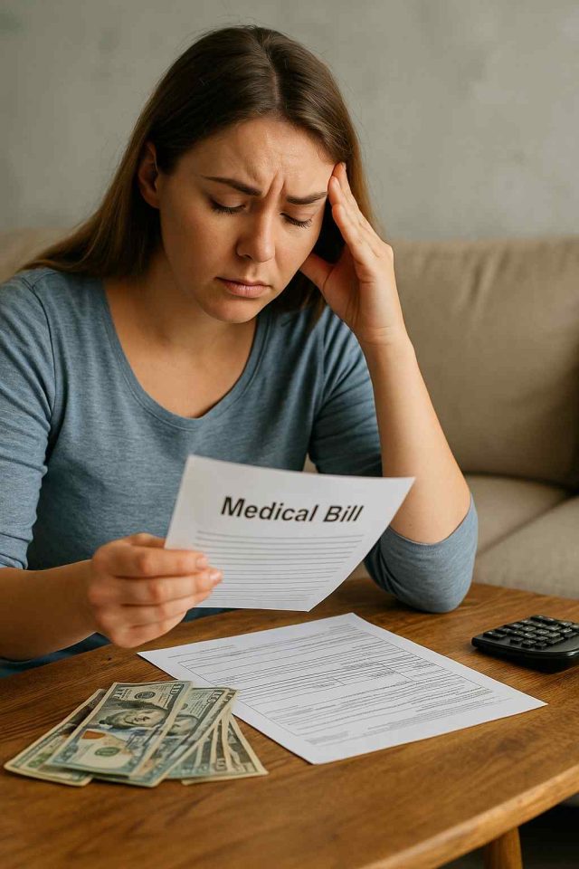 Woman calculating medical expenses at home for chronic illness care