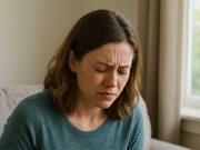 Do I Have Crohn’s Disease Symptoms? A person sitting at home researching abdominal pain, possibly related to Crohn's disease symptoms.