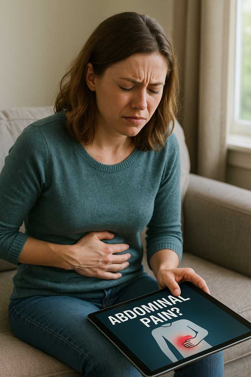 A person sitting at home researching abdominal pain, possibly related to Crohn's disease symptoms.