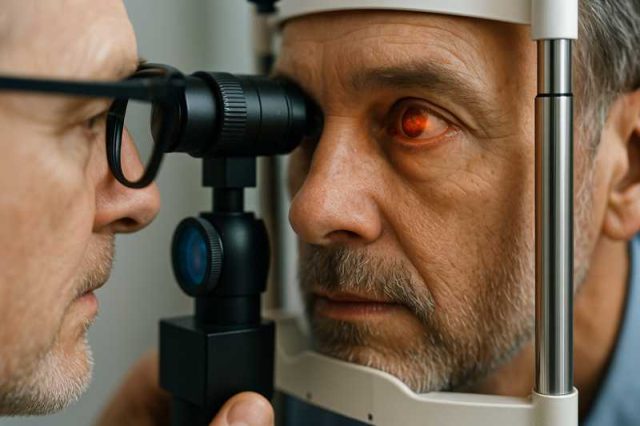 Retina specialist reviewing diabetic retinopathy scan on screen.