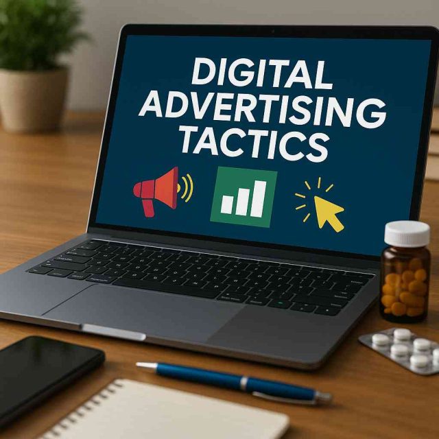 Group of pharma marketers reviewing digital advertising tactics in a modern office