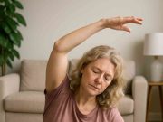 Fibromyalgia Exercises for Women Woman with fibromyalgia doing gentle yoga exercises at home
