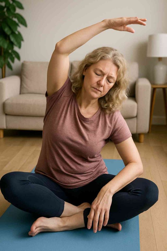 Woman with fibromyalgia doing gentle yoga exercises at home