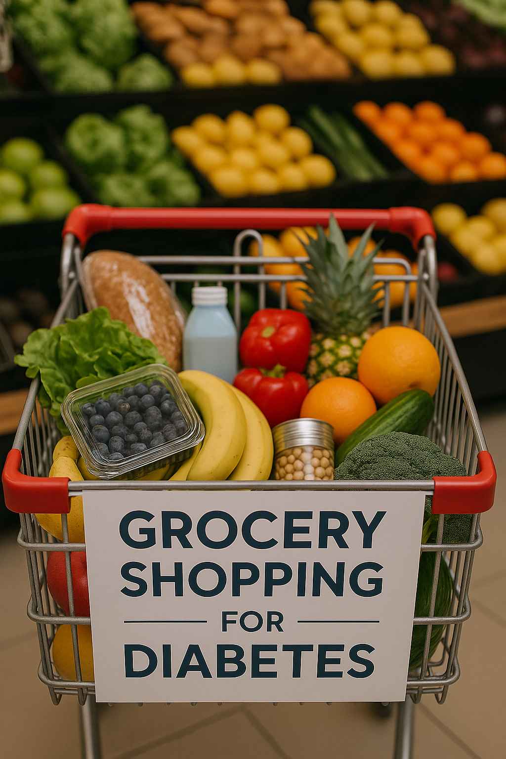 Diabetes patient shopping for healthy groceries Woman reading food label in grocery store for diabetic diet.