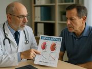 Managing Kidney Disease in Diabetes Patients Doctor discussing kidney disease management with a diabetes patient in a clinic.