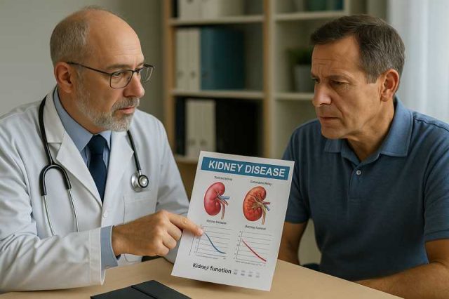 Doctor discussing kidney disease management with a diabetes patient in a clinic.