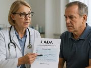 Explaining LADA to Diabetes Patients Diabetes educator discussing LADA diagnosis with patient and reviewing glucose trends.