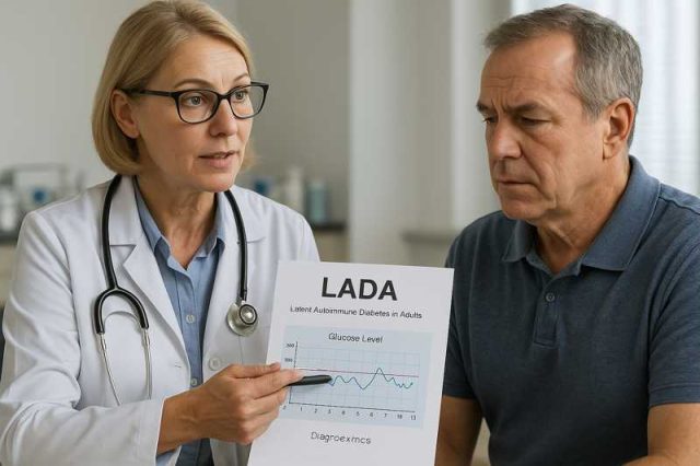 Diabetes educator discussing LADA diagnosis with patient and reviewing glucose trends.