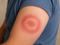 How Quickly Do Lyme Disease Symptoms Appear? Lyme disease bull’s-eye rash on skin with red outer ring