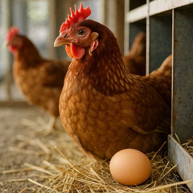 Chickens in a study pen with researchers evaluating egg production.
