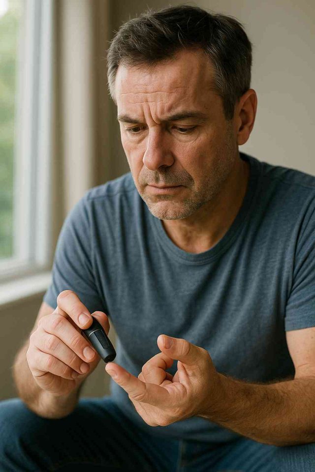 Middle-aged man using glucose monitor at home for early diabetes detection