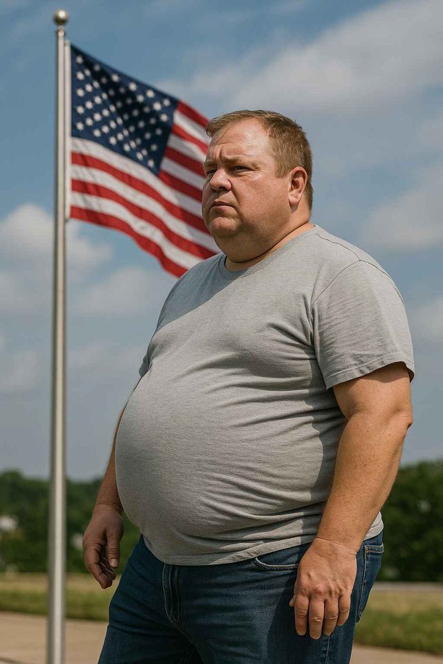 Middle-aged Man Reflecting on Obesity Crisis Middle-aged man sitting at a table, appearing concerned about health and obesity.