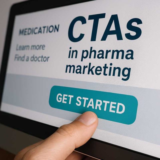 Pharma marketer analyzing CTA metrics on a digital dashboard.