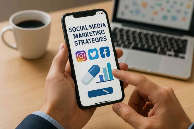 Pharmaceutical marketers collaborating on a social media campaign plan.
