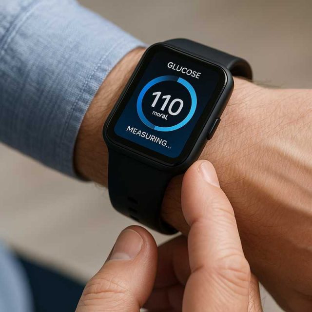 non-invasive-glucose-monitoring-ai-vitasense Non-invasive AI glucose sensor worn on wrist showing real-time data.