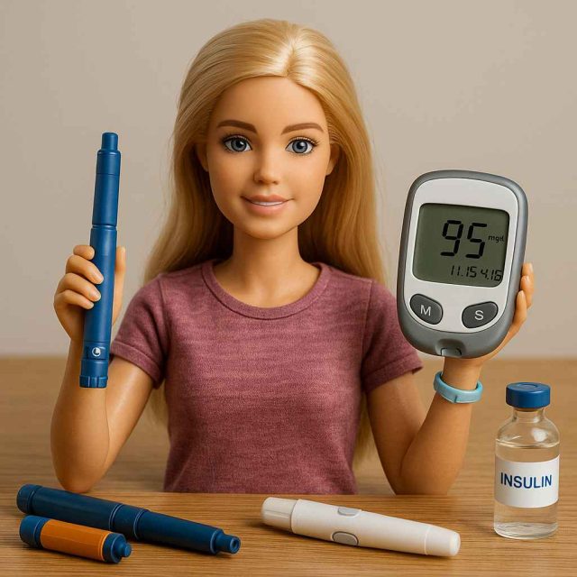 Barbie with Diabetes doll holding an insulin pen and glucometer
