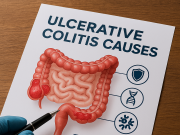New Research In Ulcerative Colitis Causes Illustration showing ulcerative colitis inflammation in the colon.