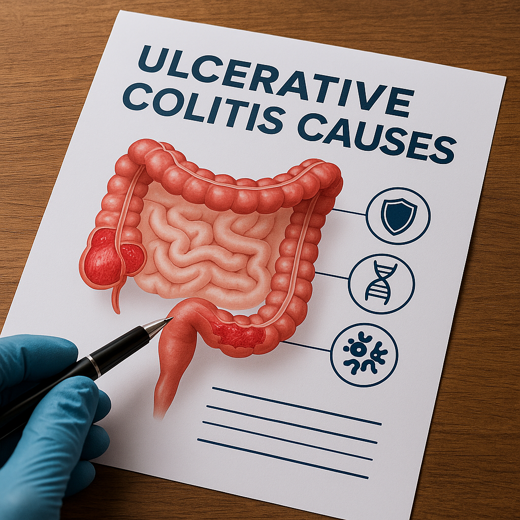 Medical Illustration of Ulcerative Colitis Research Illustration showing ulcerative colitis inflammation in the colon.