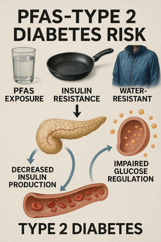 Diagram linking PFAS exposure to insulin resistance and Type 2 diabetes development.