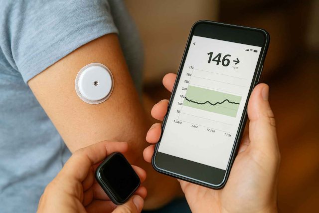 Digital blood sugar monitoring using CGM and mobile device for diabetes control.