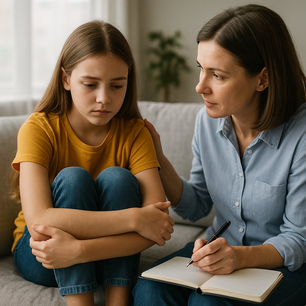Child anxiety therapy session Child receiving anxiety therapy in a professional setting