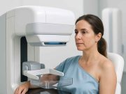 New Advances in Painless Breast Cancer Scans Woman having a painless breast cancer screening with modern equipment
